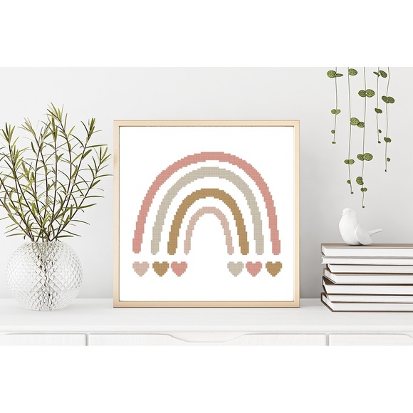 Boho Bohemian Rainbow Heart Nursery Counted Cross Stitch Pattern Chart - Picture 3 of 5